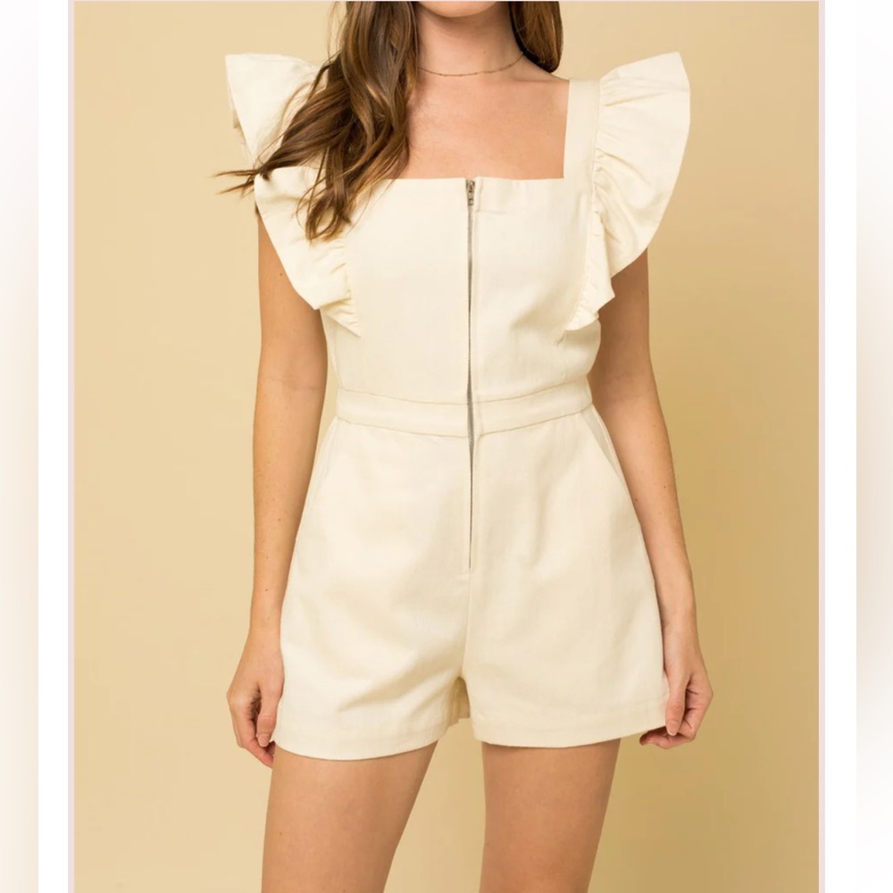 Ivory Denim Ruffle Sleeve Romper
